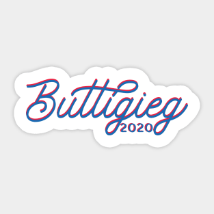 Buttigieg 2020, monoline script text in red and bright blue. Pete for America in this presidential race. Sticker